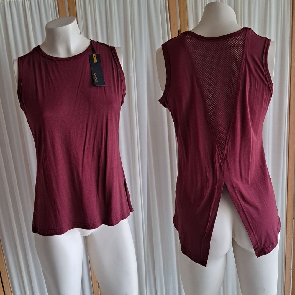 Bamans red sleeveless shirt with mesh back and split cut out on bottom o…